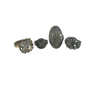 Lot 4 Silver Tone Rings Various Sizes Costume Jewelry Rhinestones Ornate READ